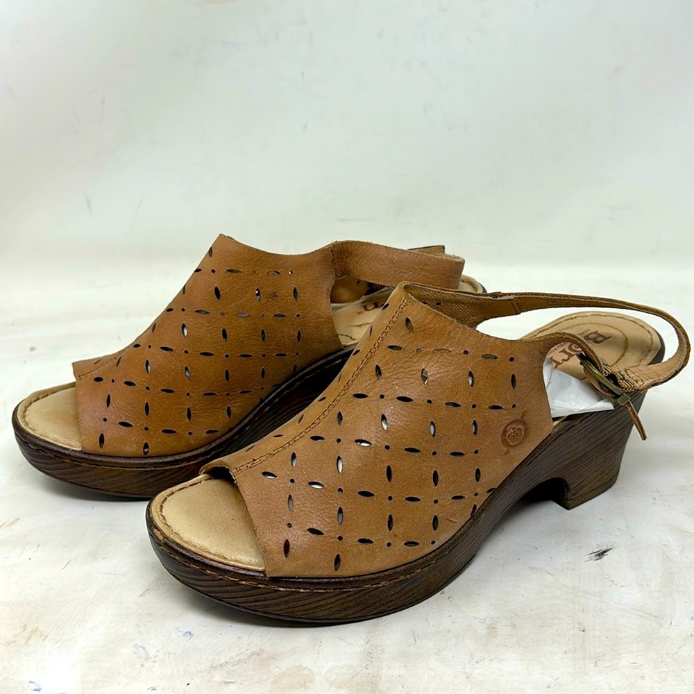 Born Leather Brown Perforated Open Toe Wedge 7